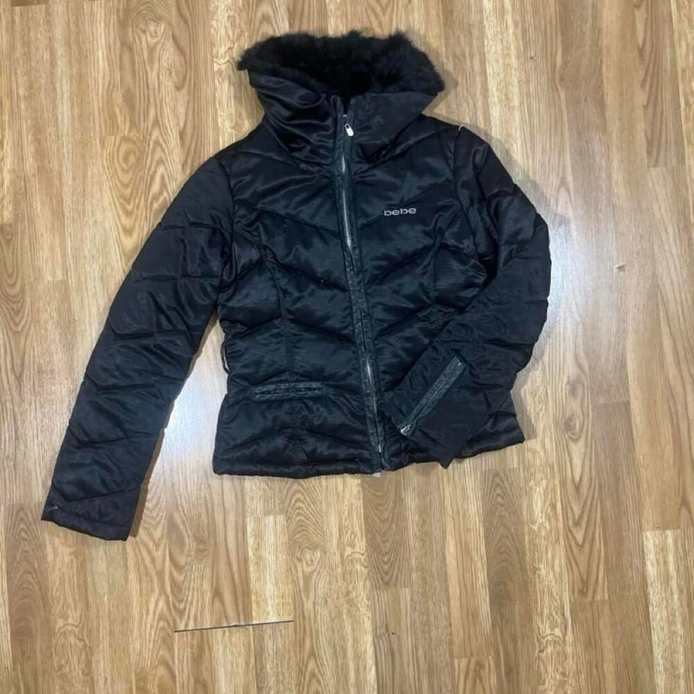 Vintage Bebe Y2K Satin Puffer Jacket with Faux Fur Trim